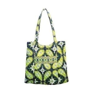 Fabric Tote Bag Shopping Bag Navy and Lime Green Paisley Print  10 0098